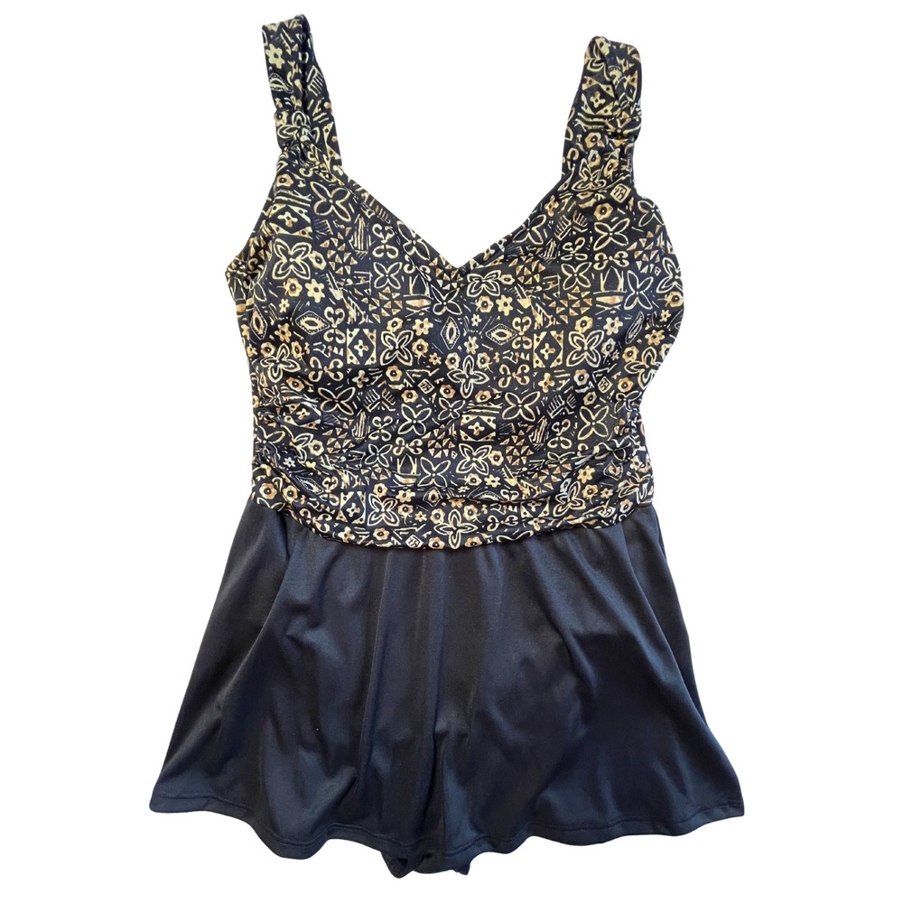 Vintage Y2K Swimsuit Swimdress Size L Black Gold Resortwear Beachy Retro 2000s